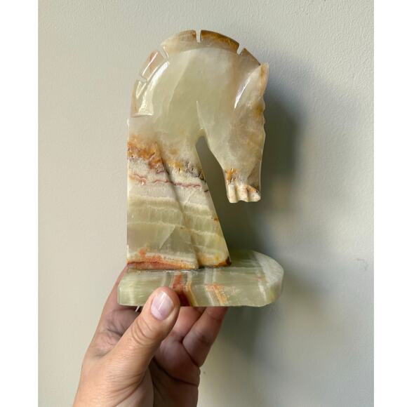 Vintage Horse Head Bookends Carved Onyx Marble Academia MCM Chess Knight PAIR - Picture 10 of 11